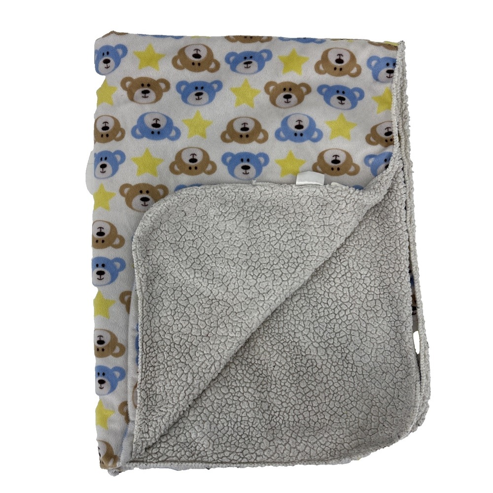 Kidgets Teddy Bear Face & Star Print Baby Blanket Sherpa Lovey White Blue Yellow